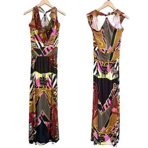Fuzzi Italy Multicolor Geometric Print Sleeveless Ruffle Trim Maxi Dress | Small